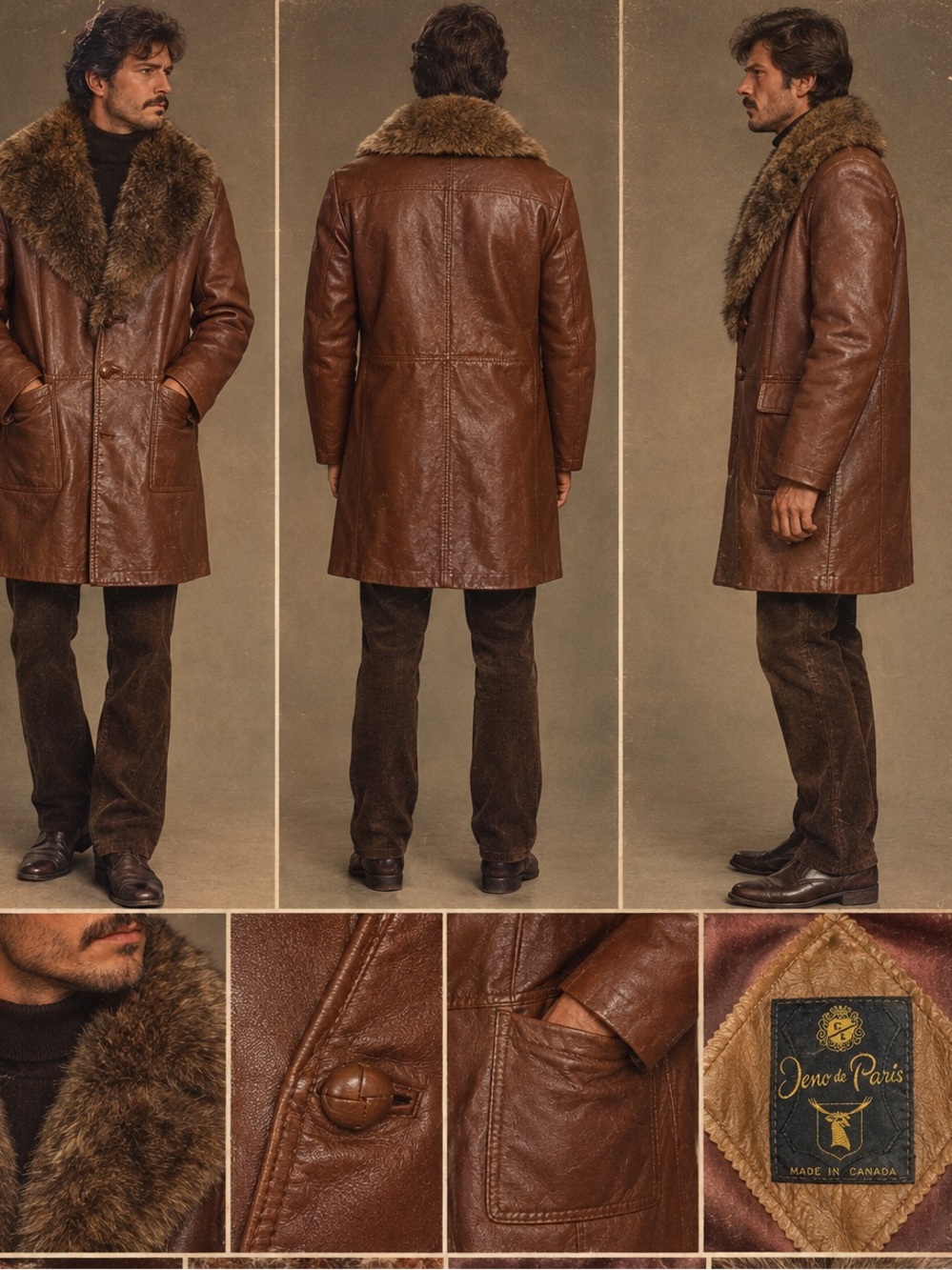 Jeno de Paris Mens Leather Coat Sz 42 Brown Fur Collar Vintage Made in Canada